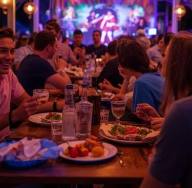 Friends enjoy Mediterranean dinner and drinks at a lively restaurant with live music entertainment.