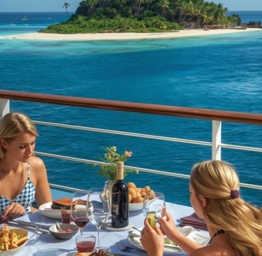 Two women enjoy a luxury cruise dinner on a balcony overlooking a tropical island and turquoise ocean.