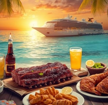 Luxury cruise ship at sunset with a tropical beach dinner featuring BBQ ribs and cocktails.