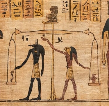 Ancient Egyptian papyrus depicting the Weighing of the Heart ceremony with Anubis and Horus at the scales.