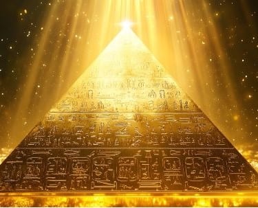 a pyramid shaped pyramid with a bright light shining down on it