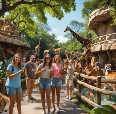 a group of people standing around a zoo