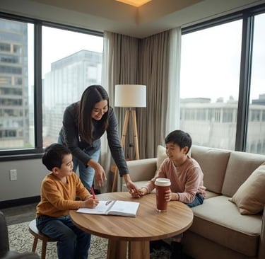 happy families enjoying hotel stay in grand rapids