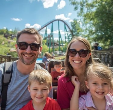 a family of four people sitting on a roller coaster