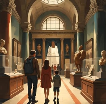 a family of three standing in a museum