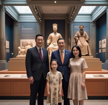 a family posing for a photo in a museum