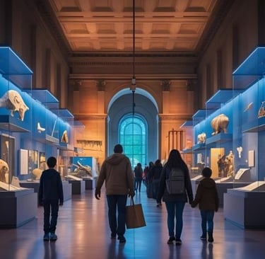 a group of people walking through a museum