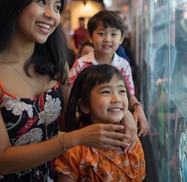 A smiling mother and two young children looking excitedly through a glass window display at a museum.