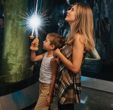 A mother and young son interacting with a glowing magic wand exhibit at a science museum.