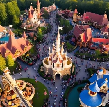 Aerial view of a fantasy theme park with fairy tale castles, amusement rides, and crowds of people.