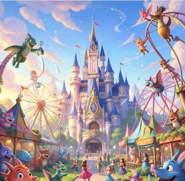 Magical fantasy theme park with a blue castle, flying dragons, and carnival rides.