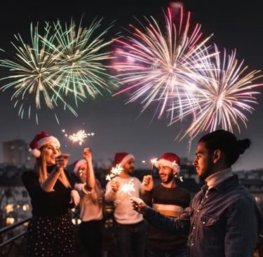 a group of friends celebrating at new years eve with fireworks