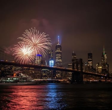 fireworks in the skyline of new york city with a cruise ship in the background