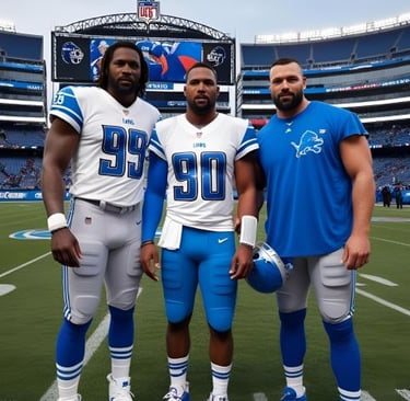 three men in blue uniforms standing in front of a stadium