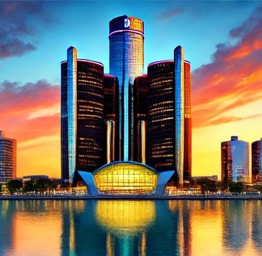 Detroit - a city skyline with skyscrapers and a beautiful sunset