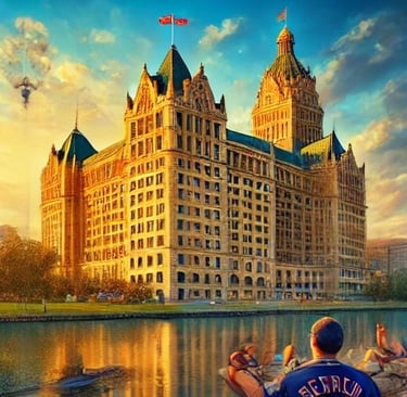 Detroit - a man sitting on a bench in front of a large building