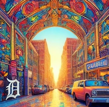 detroit - a painting of a street scene with a car parked in front of a building