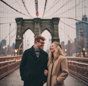 a man and woman standing on a bridge over looking at each other