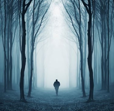 a man walking through a forest with a foggy sky