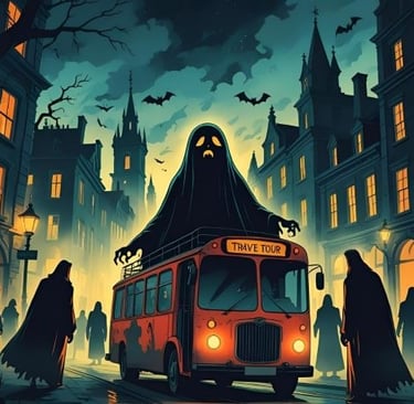 a bus with a ghost in the background