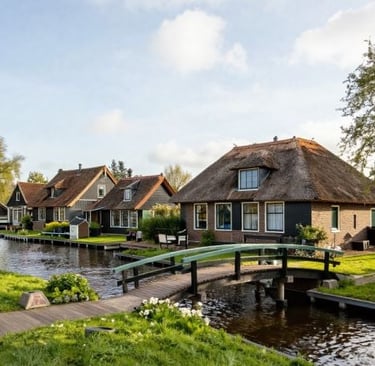 Traditional thatched roof cottages and wooden footbridge over a canal in Giethoorn village, Netherlands.