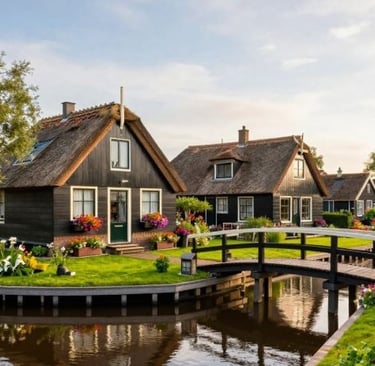 Traditional thatched roof cottages and wooden footbridges along a canal in the Dutch village of Giethoorn.