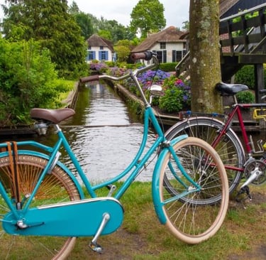 giethoorn canals - a bicycle parked next to a tree in a field