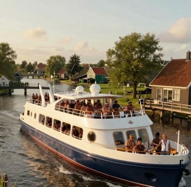 A large white and blue canal tour boat cruising past traditional Dutch houses in a scenic village.