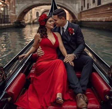 a man and woman in a red dress and a gondola