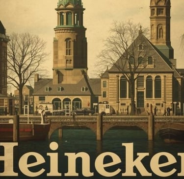 Vintage Heineken poster featuring a Dutch city canal, historic architecture, and stone bridges.