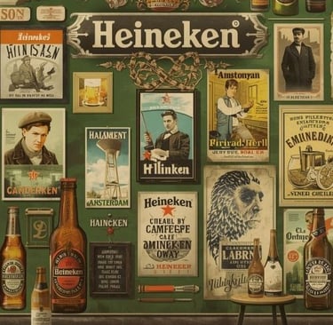 Vintage Heineken beer advertisement collage featuring retro posters and bottled lager on a green background.