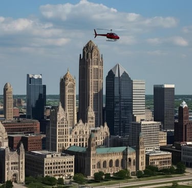 a helicopter flying over a city with tall buildings