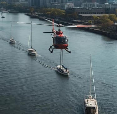 a helicopter flying over a boat in the water