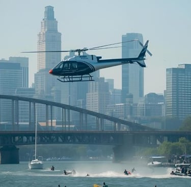 a helicopter flying over a bridge over a river