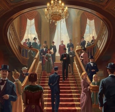 a group of people standing on a staircase way