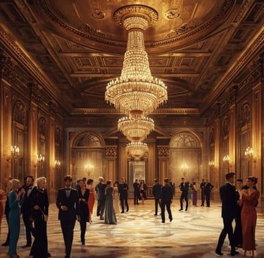 a group of people standing in a room with chandeliers