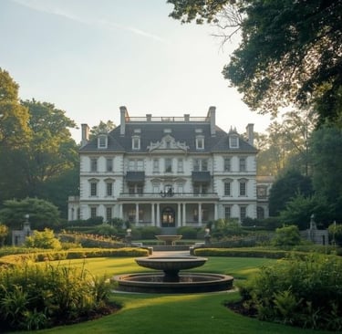 a large house with a fountain in the middle of a lawn