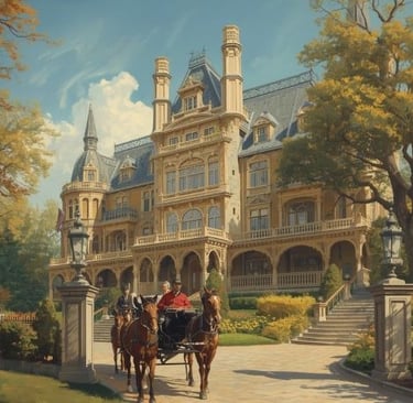 a painting of a horse drawn carriage in front of a large mansion