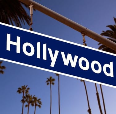 a blue and white street sign with palm trees in the background