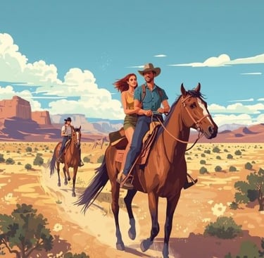 a man and woman riding horses in the desert