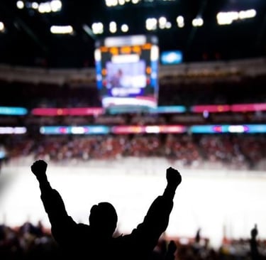 a man cheering in a ice hockey stadium
