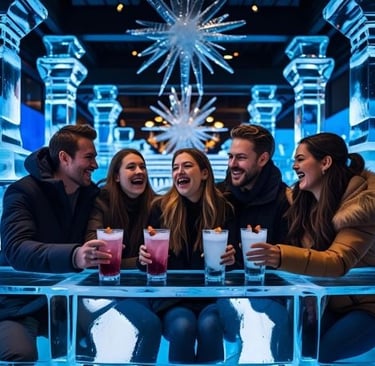 Friends laughing and holding cocktails at a blue lit ice bar with frozen sculptures.
