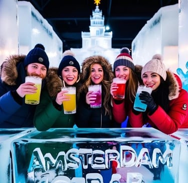 a group of people standing around a ice sculpture