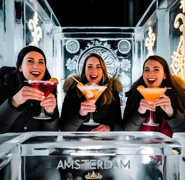 three women are enjoying a drink in an ice - cream
