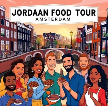 Diverse group enjoying a Jordaan food tour by an Amsterdam canal at sunset.