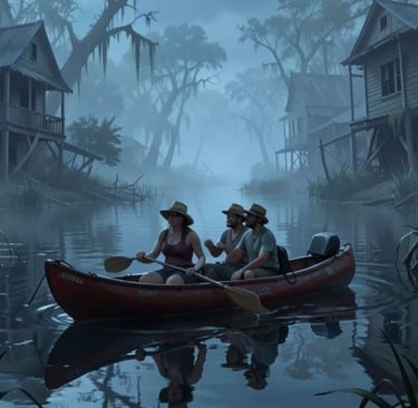 Three people in a canoe exploring a misty bayou swamp with rustic wooden stilt houses and cypress trees.