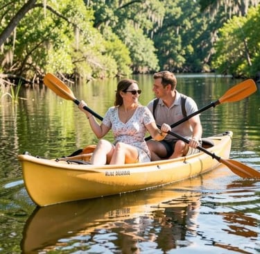 A happy couple paddling a yellow canoe on a scenic, tree-lined river during a sunny outdoor adventure.