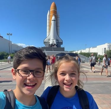 a boy and girl standing in front of a space shuttle