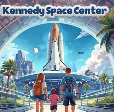 a family of three children walking through a space station