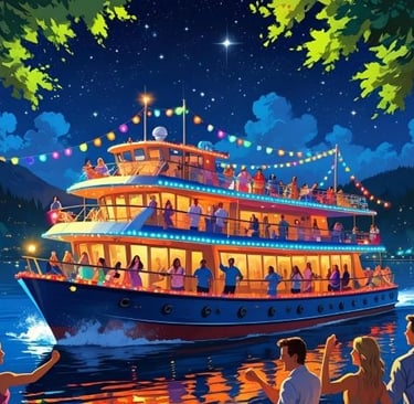 a large boat with people on it at night